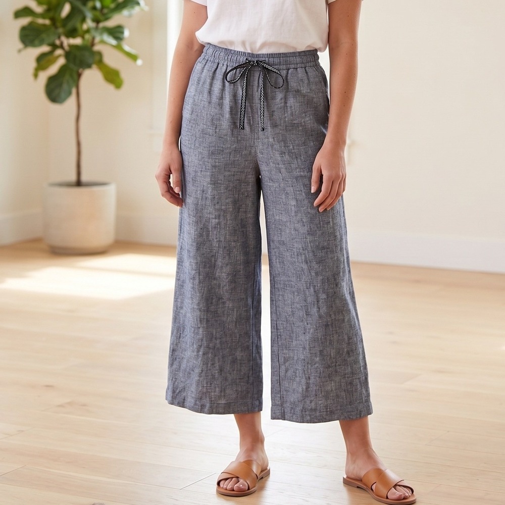 Max Studio Linen Blend Wide Leg‎ Pants XS Gray Tweed Trousers Pockets Coastal
